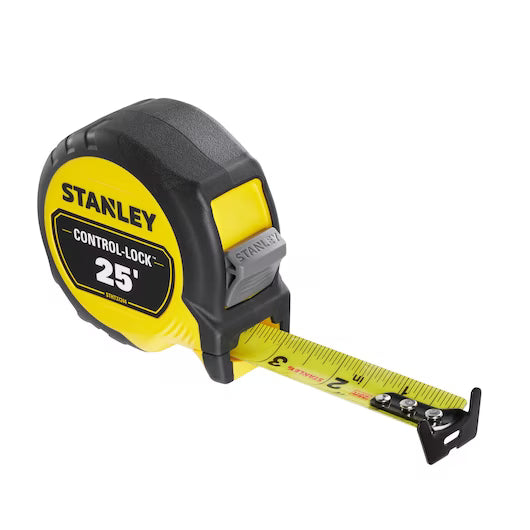 A yellow and black STANLEY 25 ft. CONTROL-LOCK™ Tape Measure with the tape extended and numbers visible on the blade.