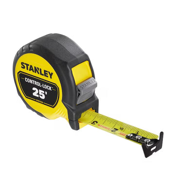 A yellow and black STANLEY 25 ft. CONTROL-LOCK™ Tape Measure with the tape extended and numbers visible on the blade.