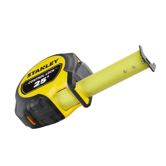 The STANLEY 25 ft. CONTROL-LOCK™ Tape Measure, in yellow and black, is extended to highlight its secure CONTROL-LOCK feature and durable, easy-to-read design.