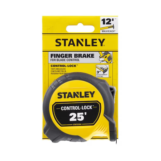 The STANLEY 25 ft. CONTROL-LOCK™ Tape Measure, shown in yellow and black packaging, features a Finger Brake for blade control and 12 ft. max reach—durable and ideal for any project.