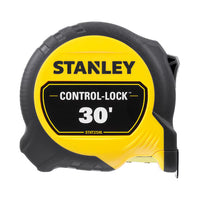 The STANLEY 30 ft. CONTROL-LOCK™ Tape Measure features a yellow and black design with the brand and model name on the side, offering durability and precision for all your measuring tasks.