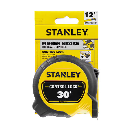 The STANLEY 30 ft. CONTROL-LOCK™ Tape Measure comes in black and yellow packaging, displays a Finger Brake for Blade Control label, and features 12 ft Max Reach at the top.