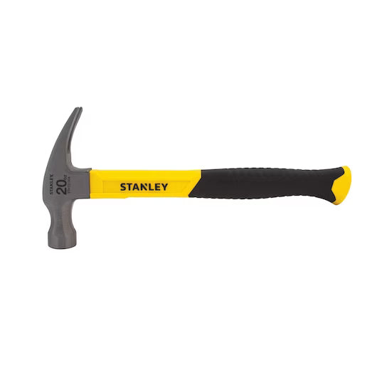 The STANLEY 20 OZ RIP CLAW FIBERGLASS HAMMER has a yellow and black handle, a metal head with flat striking face and curved claw—ideal for heavy-duty demolition and easy nail removal.