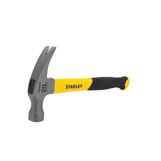 The STANLEY 20 OZ RIP CLAW FIBERGLASS HAMMER features a yellow and black handle with a metal head, shown on a white background—perfect for heavy-duty demolition tasks.
