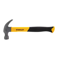 A yellow and black STANLEY 16 OZ CURVE CLAW FIBERGLASS HAMMER with a steel head and rubber grip handle, displayed on a white background.