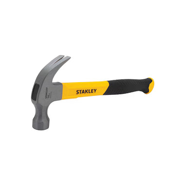 The STANLEY 16 OZ CURVE CLAW FIBERGLASS HAMMER features a durable yellow and black fiberglass handle and sturdy metal head, displayed on a white background.