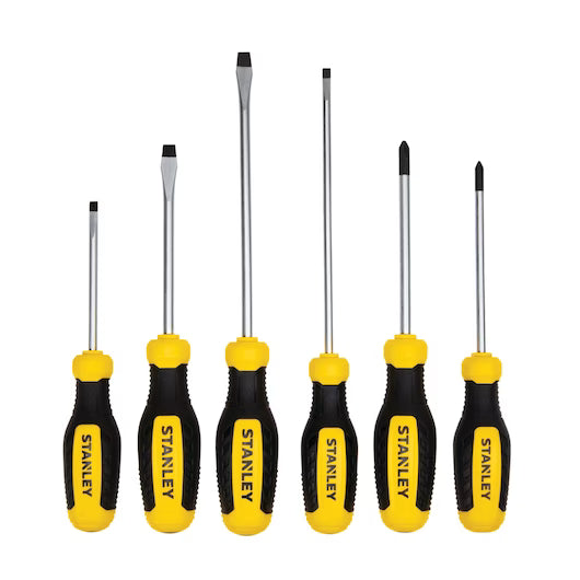 The STANLEY 6 PC SCREWDRIVER SET features Phillips and slotted screwdrivers with black and yellow handles, arranged in a row on a white background.