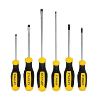 The STANLEY 6 PC SCREWDRIVER SET features Phillips and slotted screwdrivers with black and yellow handles, arranged in a row on a white background.