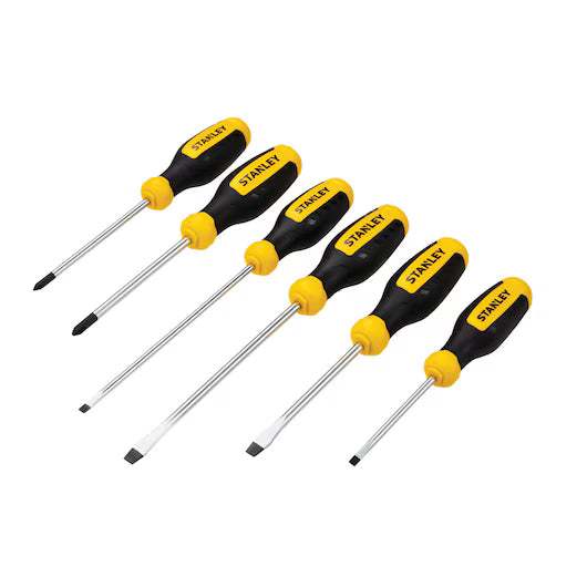 The STANLEY 6 PC SCREWDRIVER SET includes six black and yellow handled Phillips and slotted screwdrivers, displayed side by side on a white background—an essential addition to any hand tool kit.