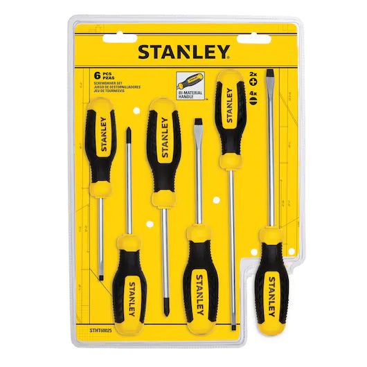 The STANLEY 6 PC SCREWDRIVER SET features Phillips and slotted screwdrivers with black and yellow handles, packaged in clear plastic on a yellow background, labeled for various types and sizes.