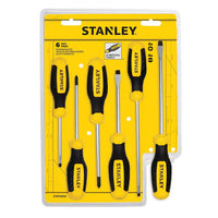 The STANLEY 6 PC SCREWDRIVER SET features Phillips and slotted screwdrivers with black and yellow handles, packaged in clear plastic on a yellow background, labeled for various types and sizes.