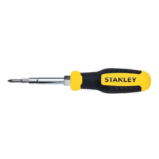 The STANLEY® QUICK CHANGE INTERCHANGEABLE SCREWDRIVER 6-IN-1 features a yellow and black handle with a metal shaft, displayed on a white background.