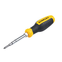 The STANLEY® QUICK CHANGE INTERCHANGEABLE SCREWDRIVER 6-IN-1 features a black and yellow design, comfortable grip handle, metal shaft, and six functions for versatile use.