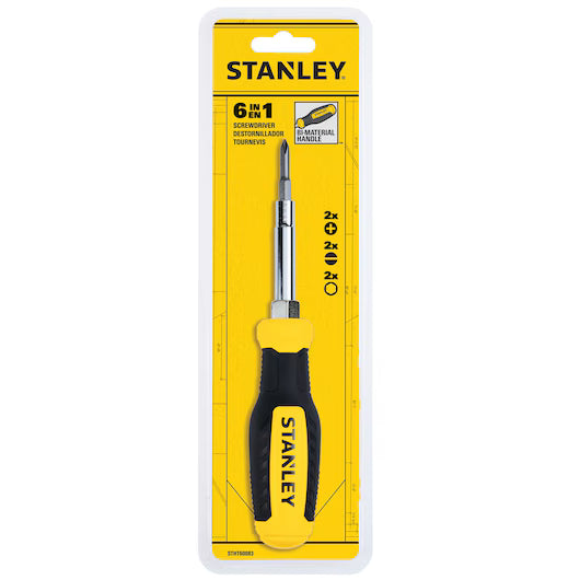 The STANLEY® Quick Change Interchangeable Screwdriver 6-in-1 features quick-change bits, “6 in 1” and “All Material Handle” highlighted on yellow and black packaging, with the STANLEY logo on the handle.
