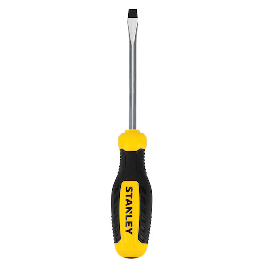 The STANLEY SD - SL 1/4 X 4 is a slotted screwdriver featuring a black and yellow ergonomic handle, a hardened steel blade, and a flat tip, all branded with STANLEY.
