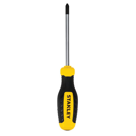 The STANLEY SD - PH2X4 is a Philips head screwdriver with a black and yellow ergonomic handle, metallic shaft, and precision-machined tip, photographed against a white background.