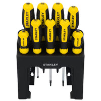 The STANLEY 9PC SCREWDRIVER SET WITH STAND features yellow and black handles labeled STANLEY, including Phillips screwdrivers. The set is arranged upright in a black stand and viewed from the front.