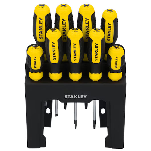 The STANLEY 9PC SCREWDRIVER SET WITH STAND features yellow and black handles labeled STANLEY, including Phillips screwdrivers. The set is arranged upright in a black stand and viewed from the front.