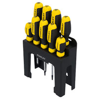The STANLEY 9PC SCREWDRIVER SET WITH STAND features Phillips and other screwdrivers with yellow and black handles, all organized in a convenient stand.