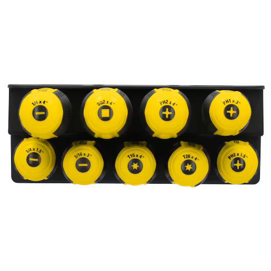 The STANLEY 9PC SCREWDRIVER SET WITH STAND features yellow handles, neatly arranged in two rows on a labeled stand, including flathead, Phillips, and Torx tips with sizes marked on the ends for easy selection.