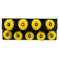 The STANLEY 9PC SCREWDRIVER SET WITH STAND features yellow handles, neatly arranged in two rows on a labeled stand, including flathead, Phillips, and Torx tips with sizes marked on the ends for easy selection.