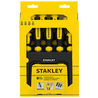 The STANLEY 9PC SCREWDRIVER SET WITH STAND features yellow and black screwdrivers with comfortable grips, neatly packaged. The box displays the STANLEY logo prominently, highlighting this versatile set for various tasks.