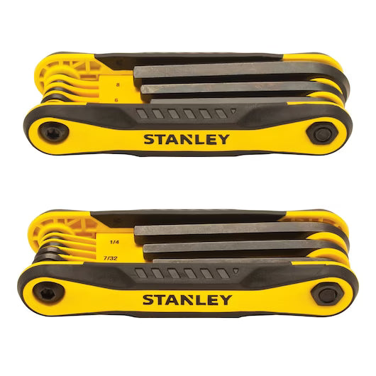 Two STANLEY FOLDING METRIC AND SAE HEX KEYS (2 PK) sets are shown, each featuring multiple hex keys in various sizes partially folded out from a compact yellow and black handle with the STANLEY brand name visible.