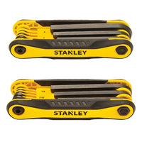 Two STANLEY FOLDING METRIC AND SAE HEX KEYS (2 PK) sets are shown, each featuring multiple hex keys in various sizes partially folded out from a compact yellow and black handle with the STANLEY brand name visible.