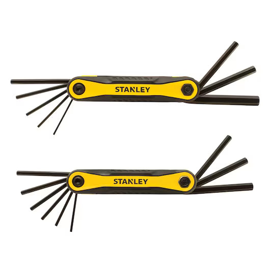 Two STANLEY FOLDING METRIC AND SAE HEX KEYS (2 PK), yellow and black, are displayed parallel on a white background with their steel hex keys extended in a fan shape.