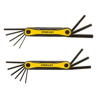 Two STANLEY FOLDING METRIC AND SAE HEX KEYS (2 PK), yellow and black, are displayed parallel on a white background with their steel hex keys extended in a fan shape.