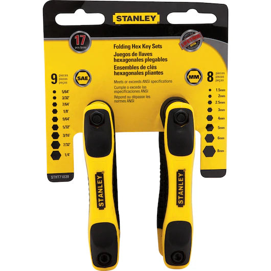 STANLEY FOLDING METRIC AND SAE HEX KEYS (2 PK) in yellow and black packaging, includes 9-piece SAE and 8-piece metric sets made from durable steel, with sizes clearly listed, tools shown partially extended from holders.