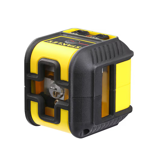 The STANLEY STHT77502 Cross90® Red Beam Multi Cross Line Laser Level is a yellow and black tool with top buttons and a front glass lens, designed for precise leveling and alignment in construction or DIY projects.