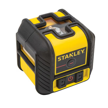 The STANLEY STHT77502 Cross90® Red Beam Multi Cross Line Laser Level features a yellow and black design with a front power button and indicator lights, ideal for precise alignment in construction or DIY projects.