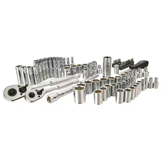 The STANLEY 85PC SKT SET includes chrome vanadium steel socket wrenches, ratchets, extensions, and driver bits, all neatly arranged on a white background.