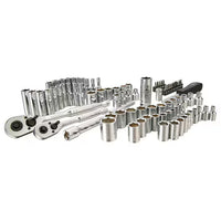 The STANLEY 85PC SKT SET includes chrome vanadium steel socket wrenches, ratchets, extensions, and driver bits, all neatly arranged on a white background.