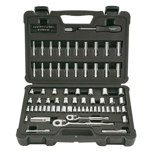 A black plastic case opens to reveal the STANLEY 85PC SKT SET, with chrome vanadium steel sockets, two ratchet handles, extensions, a screwdriver handle, and various bits neatly arranged in molded compartments.