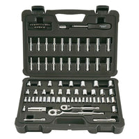 A black plastic case opens to reveal the STANLEY 85PC SKT SET, with chrome vanadium steel sockets, two ratchet handles, extensions, a screwdriver handle, and various bits neatly arranged in molded compartments.