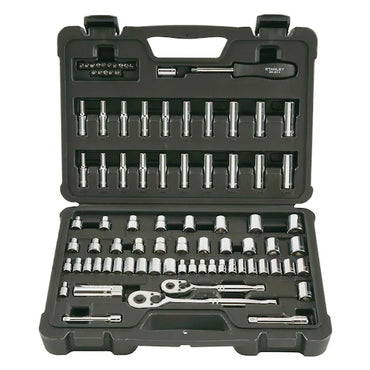 A black plastic case opens to reveal the STANLEY 85PC SKT SET, with chrome vanadium steel sockets, two ratchet handles, extensions, a screwdriver handle, and various bits neatly arranged in molded compartments.