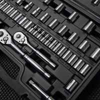 A close-up of the STANLEY 85PC SKT SET in a black case, featuring various socket sizes and chrome ratchet handles made from durable chrome vanadium steel, all neatly arranged in labeled slots.