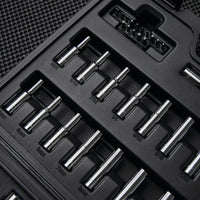 A close-up of a black tool case holding the STANLEY 85PC SKT SET, with chrome vanadium steel bits in assorted sizes, all neatly arranged on a textured dark surface.