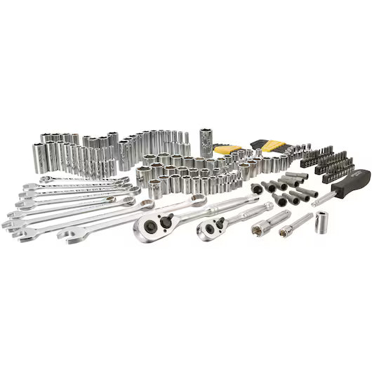 The STANLEY 1/4 IN & 3/8 IN DRIVE MECHANIC TOOL SET (145 PC) includes chrome wrenches, ratchets, sockets, screwdriver bits, and extensions arranged neatly on a white background.