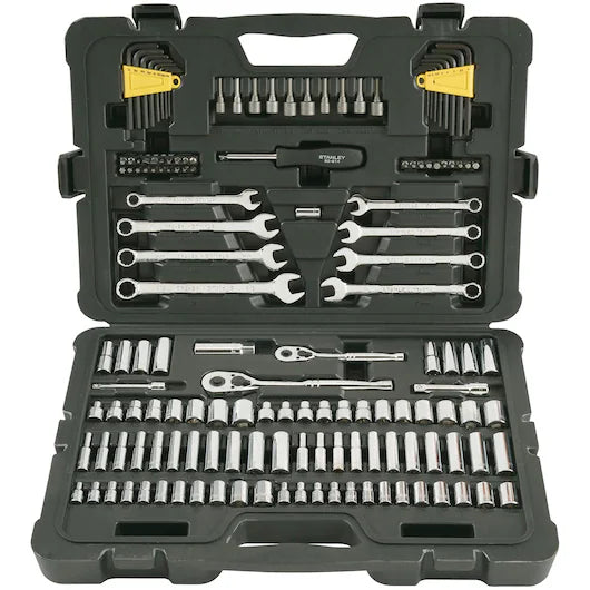 The STANLEY 1/4 IN & 3/8 IN DRIVE MECHANIC TOOL SET (145 PC) features a black plastic case with organized ratchets, sockets, wrenches, hex keys, and screwdriver bits for automotive repair.