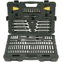 The STANLEY 1/4 IN & 3/8 IN DRIVE MECHANIC TOOL SET (145 PC) features a black plastic case with organized ratchets, sockets, wrenches, hex keys, and screwdriver bits for automotive repair.