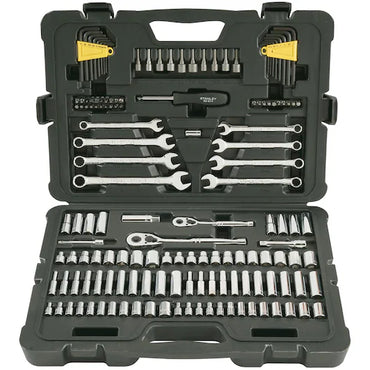 The STANLEY 1/4 IN & 3/8 IN DRIVE MECHANIC TOOL SET (145 PC) features a black plastic case with organized ratchets, sockets, wrenches, hex keys, and screwdriver bits for automotive repair.