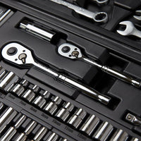 A close-up of the STANLEY 1/4 IN & 3/8 IN DRIVE MECHANIC TOOL SET (145 PC) shows ratchets, sockets, and wrenches neatly organized in a black case with millimeter size labels—an essential for any automotive toolkit.