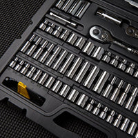 A close-up of the STANLEY 1/4 IN & 3/8 IN Drive Mechanic Tool Set (145 PC) in its black case, featuring assorted sockets, a ratchet, and hand tools—an essential for any automotive toolkit—displayed on a textured black surface.