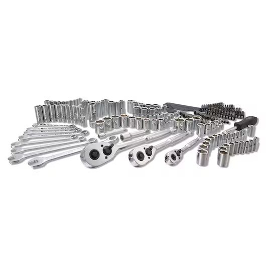 The STANLEY MECHANIC TOOL SET (201 PC) includes metal wrenches, ratchets, sockets, and bits, all neatly arranged on a white background.
