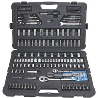 The STANLEY MECHANIC TOOL SET (201 PC) is shown open in black, with sockets, ratchets, wrenches, bits, and extensions neatly organized and securely held in designated slots.