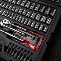 A close-up of the STANLEY MECHANIC TOOL SET (201 PC) in a black case, displaying sockets, extension bars, and a ratchet handle organized in fitted compartments.