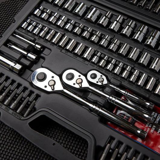 A close-up of the STANLEY MECHANIC TOOL SET (201 PC) in a black case, featuring sockets, ratchet handles, and extensions neatly arranged in their designated spots.